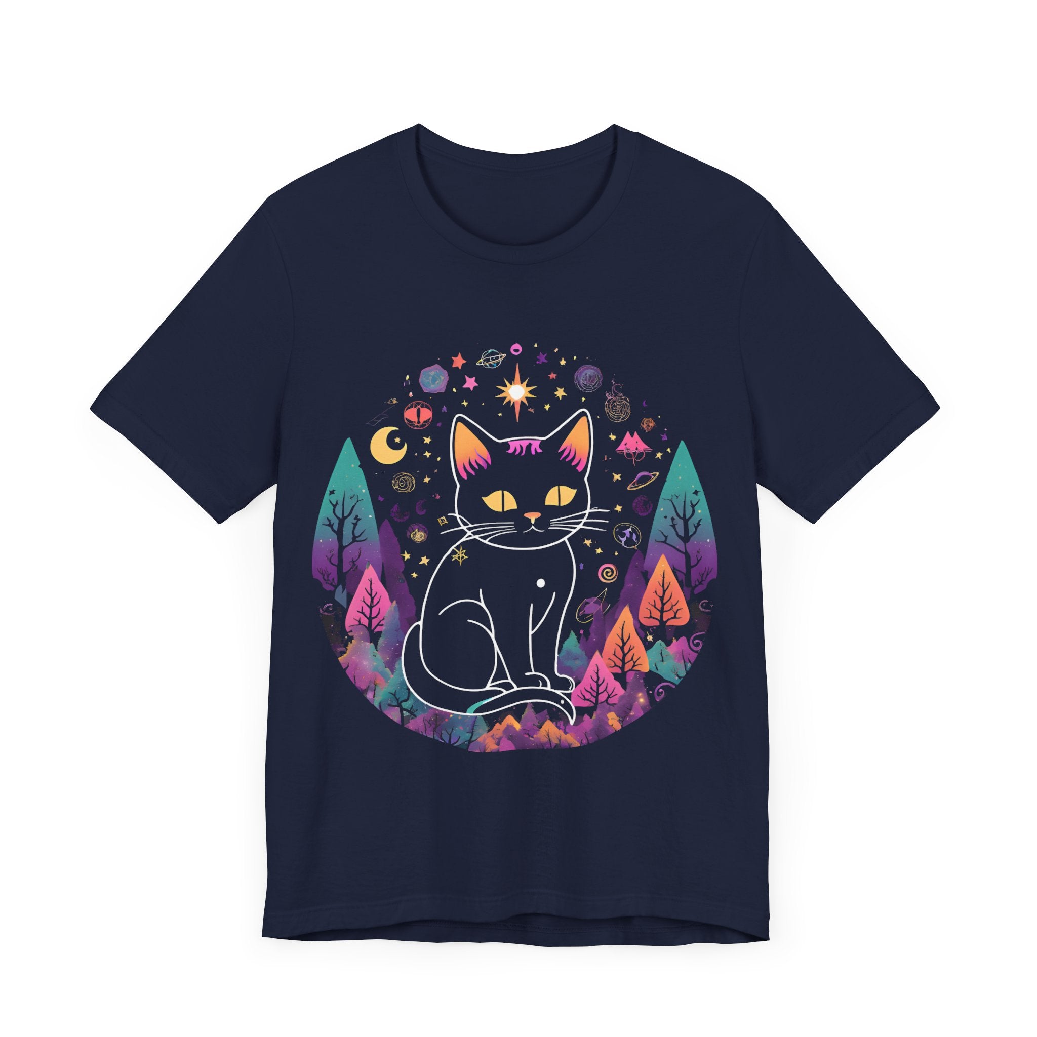 Mystical Cat Unisex Short Sleeve Tee - Perfect for Cat Lovers & Stargazers