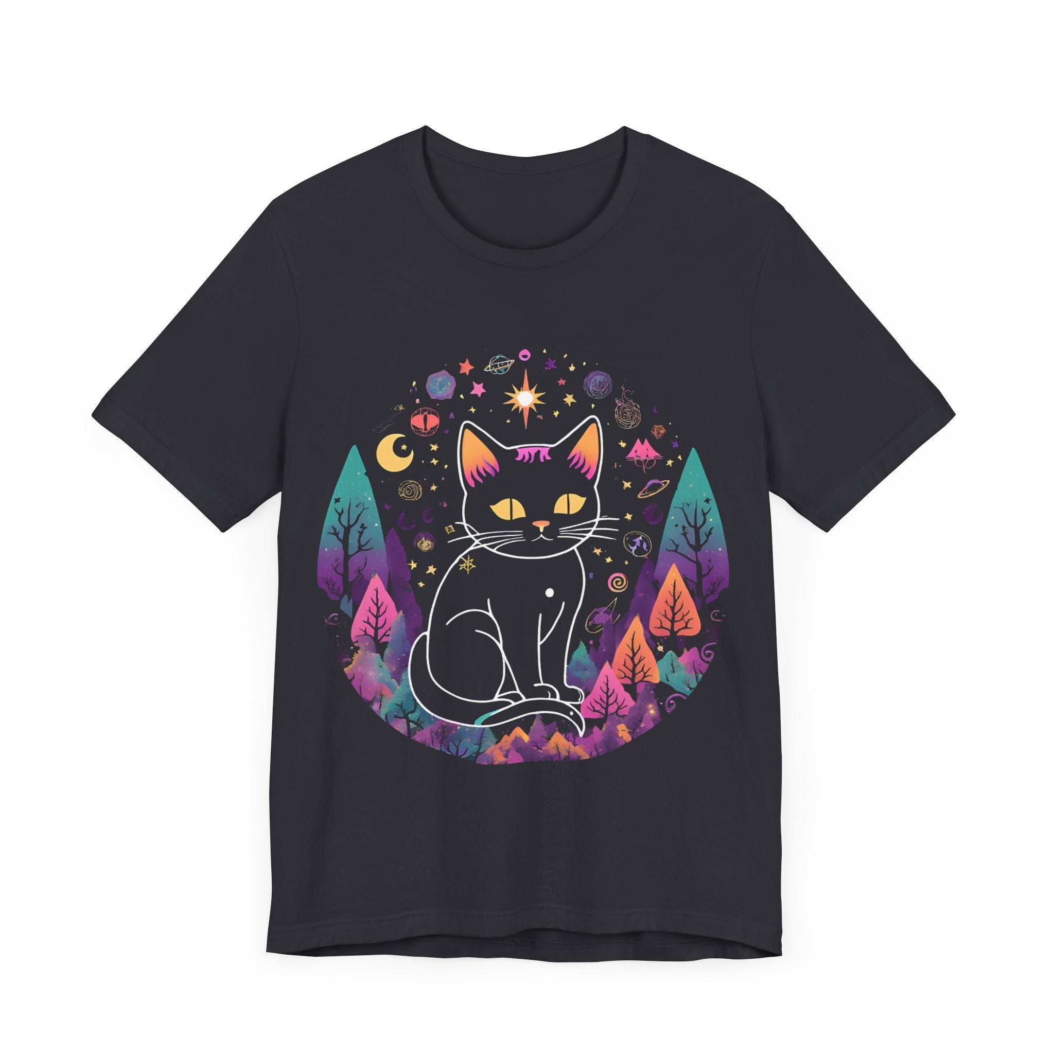 Mystical Cat Unisex Short Sleeve Tee - Perfect for Cat Lovers & Stargazers