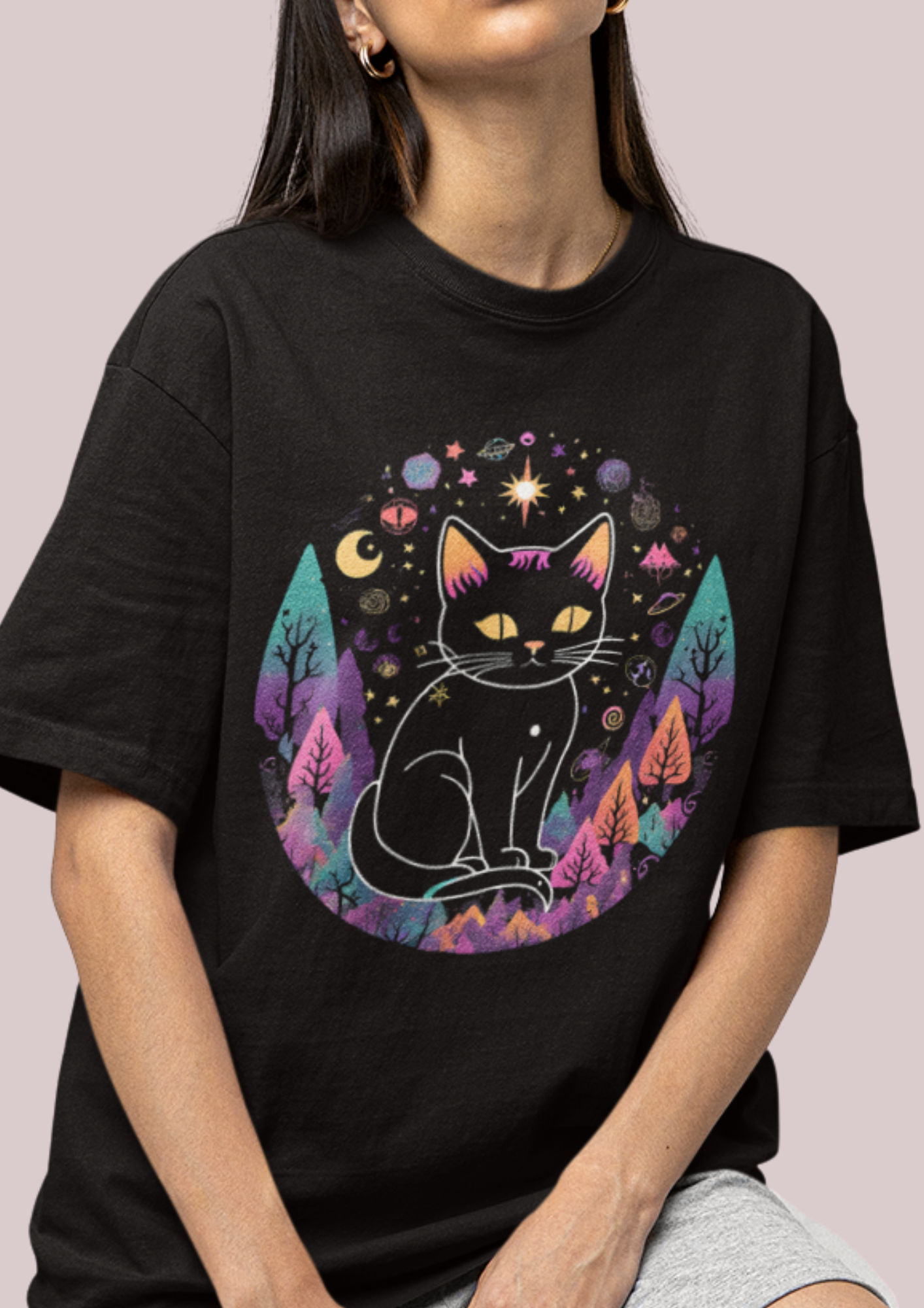 Mystical Cat Unisex Short Sleeve Tee - Perfect for Cat Lovers & Stargazers